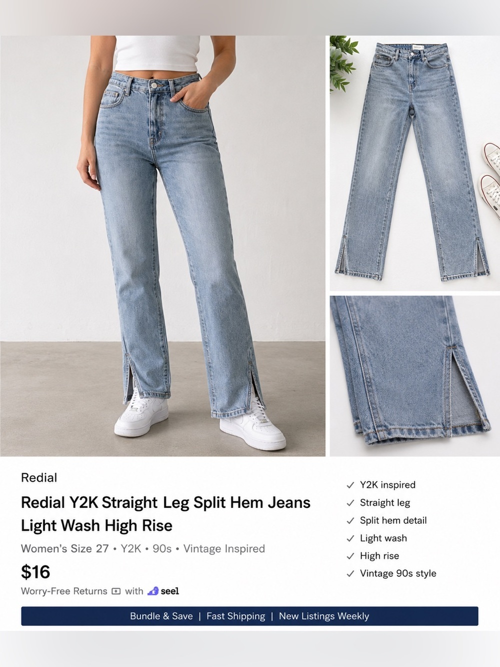 Redial Y2K High Rise Straight Leg Split Hem Jeans Light Wash Vintage 90s